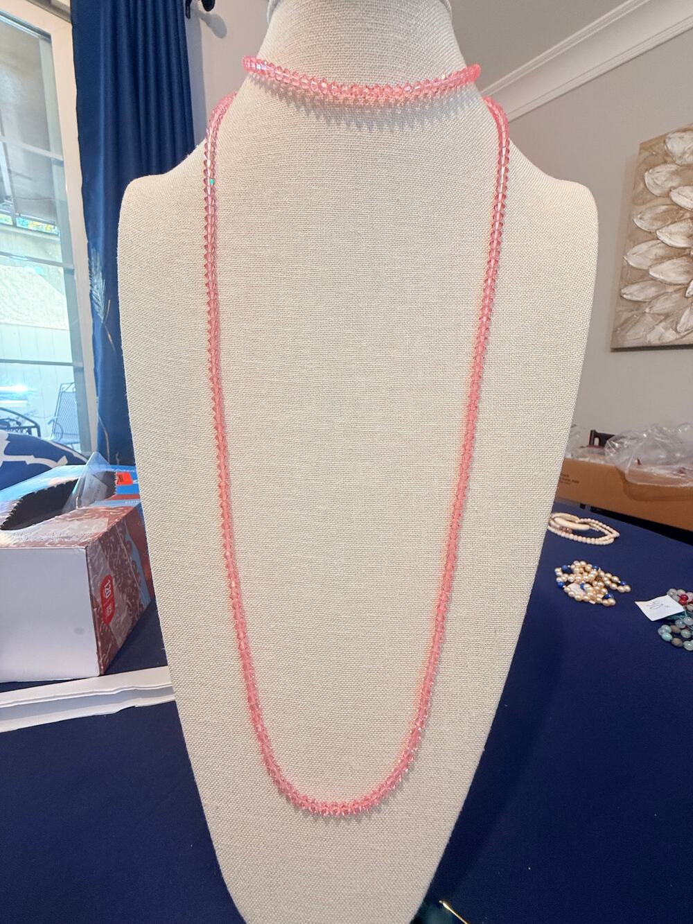Vintage Pink Acrylic Beaded Necklace 48” Long Double Strand